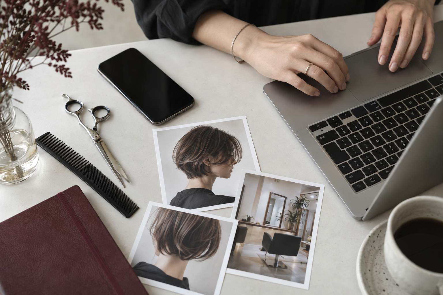 ヘアスタイルやサロンの写真を並べ、投稿の内容を考える手元。AI生成のイメージ。