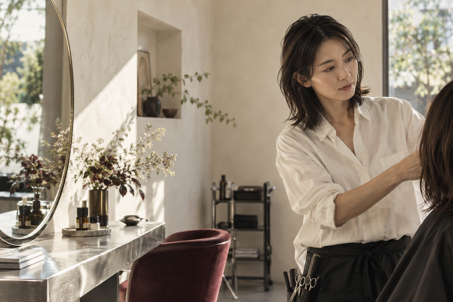 施術に向き合う美容師。AI生成のイメージ。